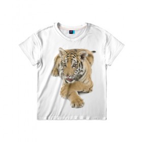 Детская футболка 3D с принтом Ласковый тигренок , 100% гипоаллергенный полиэфир | прямой крой, круглый вырез горловины, длина до линии бедер, чуть спущенное плечо, ткань немного тянется | дикие | милые | природа | тигр | яркие