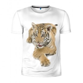 Мужская футболка 3D спортивная с принтом Ласковый тигренок , 100% полиэстер с улучшенными характеристиками | приталенный силуэт, круглая горловина, широкие плечи, сужается к линии бедра | дикие | милые | природа | тигр | яркие
