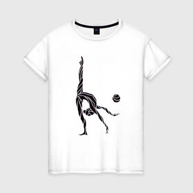Женская футболка хлопок с принтом Гимнастка с мячом , 100% хлопок | прямой крой, круглый вырез горловины, длина до линии бедер, слегка спущенное плечо | булавы | гимнастика | гимнастка | лента | мяч | обруч | художественная гимнастика