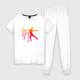 Женская пижама хлопок с принтом Гимнастка с лентой 2 , 100% хлопок | брюки и футболка прямого кроя, без карманов, на брюках мягкая резинка на поясе и по низу штанин | булавы | гимнастика | гимнастка | лента | мяч | обруч | художественная гимнастика