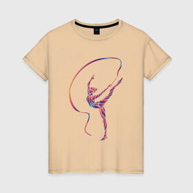 Женская футболка хлопок с принтом Гимнастка с лентой 3 , 100% хлопок | прямой крой, круглый вырез горловины, длина до линии бедер, слегка спущенное плечо | булавы | гимнастика | гимнастка | лента | мяч | обруч | художественная гимнастика