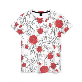 Женская футболка 3D с принтом Всё в розочках , 100% полиэфир ( синтетическое хлопкоподобное полотно) | прямой крой, круглый вырез горловины, длина до линии бедер | розы | цветы | шипы
