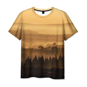 Мужская футболка 3D с принтом Родные просторы , 100% полиэфир | прямой крой, круглый вырез горловины, длина до линии бедер | восход | горы | даль | закат | лес | небо | облака | природа | солнце