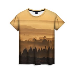Женская футболка 3D с принтом Родные просторы , 100% полиэфир ( синтетическое хлопкоподобное полотно) | прямой крой, круглый вырез горловины, длина до линии бедер | восход | горы | даль | закат | лес | небо | облака | природа | солнце