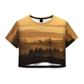 Женская футболка 3D укороченная с принтом Родные просторы , 100% полиэстер | круглая горловина, длина футболки до линии талии, рукава с отворотами | восход | горы | даль | закат | лес | небо | облака | природа | солнце