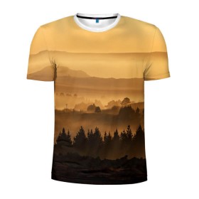 Мужская футболка 3D спортивная с принтом Родные просторы , 100% полиэстер с улучшенными характеристиками | приталенный силуэт, круглая горловина, широкие плечи, сужается к линии бедра | Тематика изображения на принте: восход | горы | даль | закат | лес | небо | облака | природа | солнце