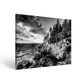 Холст прямоугольный с принтом Маяк , 100% ПВХ |  | black   white | forest | lighthouse | photo | rocks | sea | shore | spruce | sunset | waves | берег | волны | ельник | закат | камни | лес | маяк | море
