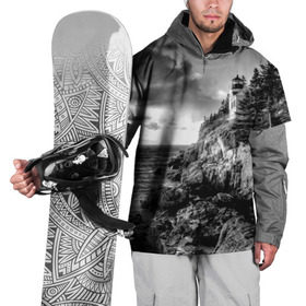 Накидка на куртку 3D с принтом Маяк , 100% полиэстер |  | black   white | forest | lighthouse | photo | rocks | sea | shore | spruce | sunset | waves | берег | волны | ельник | закат | камни | лес | маяк | море