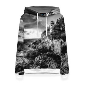 Женская толстовка 3D с принтом Маяк , 100% полиэстер  | двухслойный капюшон со шнурком для регулировки, мягкие манжеты на рукавах и по низу толстовки, спереди карман-кенгуру с мягким внутренним слоем. | black   white | forest | lighthouse | photo | rocks | sea | shore | spruce | sunset | waves | берег | волны | ельник | закат | камни | лес | маяк | море