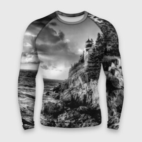 Мужской рашгард 3D с принтом Маяк ,  |  | Тематика изображения на принте: black   white | forest | lighthouse | photo | rocks | sea | shore | spruce | sunset | waves | берег | волны | ельник | закат | камни | лес | маяк | море