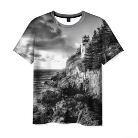 Мужская футболка 3D с принтом Маяк , 100% полиэфир | прямой крой, круглый вырез горловины, длина до линии бедер | Тематика изображения на принте: black   white | forest | lighthouse | photo | rocks | sea | shore | spruce | sunset | waves | берег | волны | ельник | закат | камни | лес | маяк | море