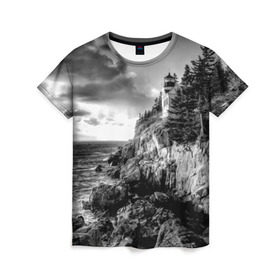 Женская футболка 3D с принтом Маяк , 100% полиэфир ( синтетическое хлопкоподобное полотно) | прямой крой, круглый вырез горловины, длина до линии бедер | black   white | forest | lighthouse | photo | rocks | sea | shore | spruce | sunset | waves | берег | волны | ельник | закат | камни | лес | маяк | море