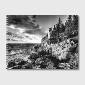 Альбом для рисования с принтом Маяк , 100% бумага
 | матовая бумага, плотность 200 мг. | black   white | forest | lighthouse | photo | rocks | sea | shore | spruce | sunset | waves | берег | волны | ельник | закат | камни | лес | маяк | море
