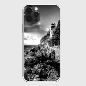 Чехол для iPhone 12 Pro Max с принтом Маяк , Силикон |  | Тематика изображения на принте: black   white | forest | lighthouse | photo | rocks | sea | shore | spruce | sunset | waves | берег | волны | ельник | закат | камни | лес | маяк | море