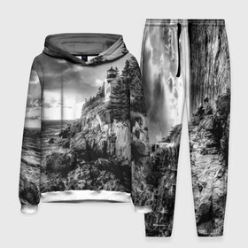 Мужской костюм 3D (с толстовкой) с принтом Маяк ,  |  | black   white | forest | lighthouse | photo | rocks | sea | shore | spruce | sunset | waves | берег | волны | ельник | закат | камни | лес | маяк | море