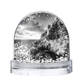 Снежный шар с принтом Маяк , Пластик | Изображение внутри шара печатается на глянцевой фотобумаге с двух сторон | black   white | forest | lighthouse | photo | rocks | sea | shore | spruce | sunset | waves | берег | волны | ельник | закат | камни | лес | маяк | море