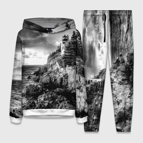 Женский костюм 3D (с толстовкой) с принтом Маяк ,  |  | black   white | forest | lighthouse | photo | rocks | sea | shore | spruce | sunset | waves | берег | волны | ельник | закат | камни | лес | маяк | море