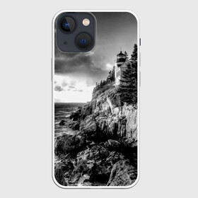 Чехол для iPhone 13 mini с принтом Маяк ,  |  | black   white | forest | lighthouse | photo | rocks | sea | shore | spruce | sunset | waves | берег | волны | ельник | закат | камни | лес | маяк | море