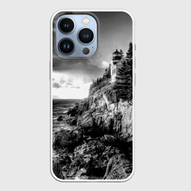 Чехол для iPhone 13 Pro с принтом Маяк ,  |  | black   white | forest | lighthouse | photo | rocks | sea | shore | spruce | sunset | waves | берег | волны | ельник | закат | камни | лес | маяк | море