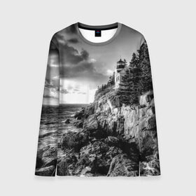 Мужской лонгслив 3D с принтом Маяк , 100% полиэстер | длинные рукава, круглый вырез горловины, полуприлегающий силуэт | Тематика изображения на принте: black   white | forest | lighthouse | photo | rocks | sea | shore | spruce | sunset | waves | берег | волны | ельник | закат | камни | лес | маяк | море