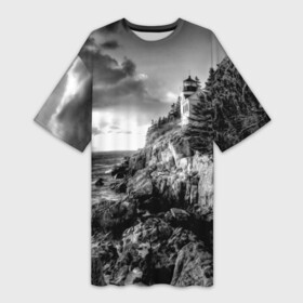 Платье-футболка 3D с принтом Маяк ,  |  | black   white | forest | lighthouse | photo | rocks | sea | shore | spruce | sunset | waves | берег | волны | ельник | закат | камни | лес | маяк | море