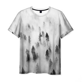 Мужская футболка 3D с принтом Ельник в тумане , 100% полиэфир | прямой крой, круглый вырез горловины, длина до линии бедер | ельник | туман