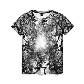 Женская футболка 3D с принтом Кудрявые деревья , 100% полиэфир ( синтетическое хлопкоподобное полотно) | прямой крой, круглый вырез горловины, длина до линии бедер | black   white | bright | forest | photo | sun | tree | trees | деревья | кудрявые | лес | солнце | фото | черно   белое | яркое