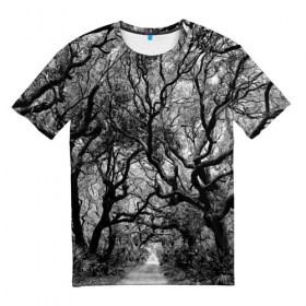 Мужская футболка 3D с принтом Деревья , 100% полиэфир | прямой крой, круглый вырез горловины, длина до линии бедер | black   white | crown | curly | forest | park | path | photo | thick | trees | деревья | дорожка | дремучий | крона | кудрявая | лес | парк | фото | черно   белое