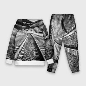 Детский костюм 3D (с толстовкой) с принтом Железная дорога ,  |  | black   white | landscape | mountains | photo | rail | rails | road | sky | sleepers | trees | горы | деревья | дорога | железная | небо | пейзаж | рельсы | фото | черно   белое | шпалы