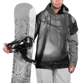 Накидка на куртку 3D с принтом Туман в лесу , 100% полиэстер |  | black   white | fog | forest | morning | photo | silhouette | trees | деревья | лес | силуэт | туман | утро | фото | черно   белое