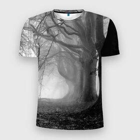 Мужская футболка 3D спортивная с принтом Туман в лесу , 100% полиэстер с улучшенными характеристиками | приталенный силуэт, круглая горловина, широкие плечи, сужается к линии бедра | black   white | fog | forest | morning | photo | silhouette | trees | деревья | лес | силуэт | туман | утро | фото | черно   белое
