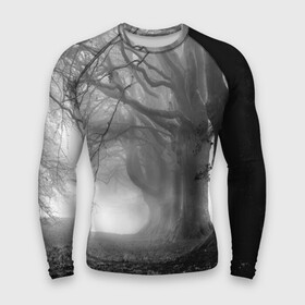 Мужской рашгард 3D с принтом Туман в лесу ,  |  | Тематика изображения на принте: black   white | fog | forest | morning | photo | silhouette | trees | деревья | лес | силуэт | туман | утро | фото | черно   белое