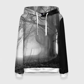 Женская толстовка 3D с принтом Туман в лесу , 100% полиэстер  | двухслойный капюшон со шнурком для регулировки, мягкие манжеты на рукавах и по низу толстовки, спереди карман-кенгуру с мягким внутренним слоем. | black   white | fog | forest | morning | photo | silhouette | trees | деревья | лес | силуэт | туман | утро | фото | черно   белое