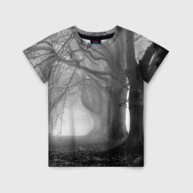 Детская футболка 3D с принтом Туман в лесу , 100% гипоаллергенный полиэфир | прямой крой, круглый вырез горловины, длина до линии бедер, чуть спущенное плечо, ткань немного тянется | Тематика изображения на принте: black   white | fog | forest | morning | photo | silhouette | trees | деревья | лес | силуэт | туман | утро | фото | черно   белое