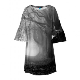 Детское платье 3D с принтом Туман в лесу , 100% полиэстер | прямой силуэт, чуть расширенный к низу. Круглая горловина, на рукавах — воланы | black   white | fog | forest | morning | photo | silhouette | trees | деревья | лес | силуэт | туман | утро | фото | черно   белое