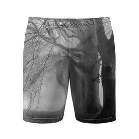 Мужские шорты 3D спортивные с принтом Туман в лесу ,  |  | Тематика изображения на принте: black   white | fog | forest | morning | photo | silhouette | trees | деревья | лес | силуэт | туман | утро | фото | черно   белое