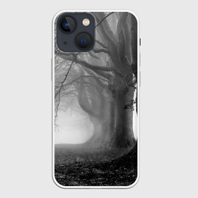 Чехол для iPhone 13 mini с принтом Туман в лесу ,  |  | black   white | fog | forest | morning | photo | silhouette | trees | деревья | лес | силуэт | туман | утро | фото | черно   белое
