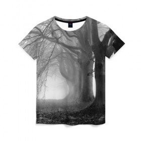 Женская футболка 3D с принтом Туман в лесу , 100% полиэфир ( синтетическое хлопкоподобное полотно) | прямой крой, круглый вырез горловины, длина до линии бедер | black   white | fog | forest | morning | photo | silhouette | trees | деревья | лес | силуэт | туман | утро | фото | черно   белое