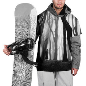 Накидка на куртку 3D с принтом Утро в лесу , 100% полиэстер |  | black   white | fog | forest | man | morning | photo | silhouette | trees | деревья | лес | силуэт | туман | утро | фото | человек | черно   белое