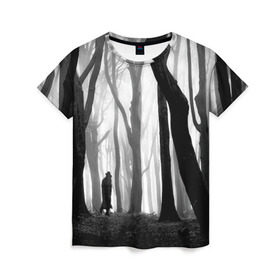 Женская футболка 3D с принтом Утро в лесу , 100% полиэфир ( синтетическое хлопкоподобное полотно) | прямой крой, круглый вырез горловины, длина до линии бедер | black   white | fog | forest | man | morning | photo | silhouette | trees | деревья | лес | силуэт | туман | утро | фото | человек | черно   белое