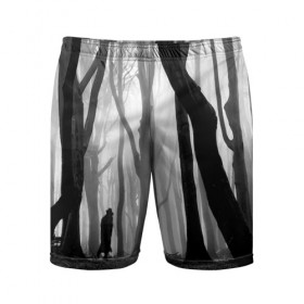 Мужские шорты 3D спортивные с принтом Утро в лесу ,  |  | Тематика изображения на принте: black   white | fog | forest | man | morning | photo | silhouette | trees | деревья | лес | силуэт | туман | утро | фото | человек | черно   белое