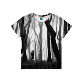 Детская футболка 3D с принтом Утро в лесу , 100% гипоаллергенный полиэфир | прямой крой, круглый вырез горловины, длина до линии бедер, чуть спущенное плечо, ткань немного тянется | black   white | fog | forest | man | morning | photo | silhouette | trees | деревья | лес | силуэт | туман | утро | фото | человек | черно   белое