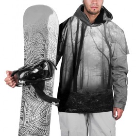 Накидка на куртку 3D с принтом Туман в лесу , 100% полиэстер |  | black   white | fog | forest | morning | photo | silhouette | trees | деревья | лес | силуэт | туман | утро | фото | черно   белое