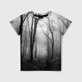 Детская футболка 3D с принтом Туман в лесу , 100% гипоаллергенный полиэфир | прямой крой, круглый вырез горловины, длина до линии бедер, чуть спущенное плечо, ткань немного тянется | black   white | fog | forest | morning | photo | silhouette | trees | деревья | лес | силуэт | туман | утро | фото | черно   белое
