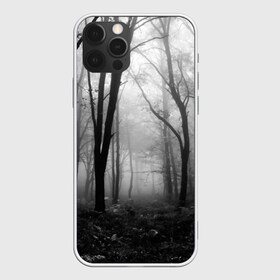 Чехол для iPhone 12 Pro Max с принтом Туман в лесу , Силикон |  | black   white | fog | forest | morning | photo | silhouette | trees | деревья | лес | силуэт | туман | утро | фото | черно   белое