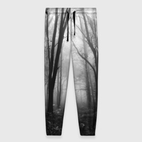 Женские брюки 3D с принтом Туман в лесу , полиэстер 100% | прямой крой, два кармана без застежек по бокам, с мягкой трикотажной резинкой на поясе и по низу штанин. В поясе для дополнительного комфорта — широкие завязки | black   white | fog | forest | morning | photo | silhouette | trees | деревья | лес | силуэт | туман | утро | фото | черно   белое