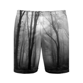 Мужские шорты 3D спортивные с принтом Туман в лесу ,  |  | Тематика изображения на принте: black   white | fog | forest | morning | photo | silhouette | trees | деревья | лес | силуэт | туман | утро | фото | черно   белое