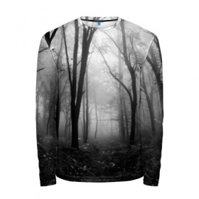 Мужской лонгслив 3D с принтом Туман в лесу , 100% полиэстер | длинные рукава, круглый вырез горловины, полуприлегающий силуэт | black   white | fog | forest | morning | photo | silhouette | trees | деревья | лес | силуэт | туман | утро | фото | черно   белое
