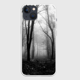 Чехол для iPhone 13 с принтом Туман в лесу ,  |  | black   white | fog | forest | morning | photo | silhouette | trees | деревья | лес | силуэт | туман | утро | фото | черно   белое