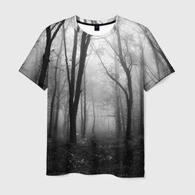 Мужская футболка 3D с принтом Туман в лесу , 100% полиэфир | прямой крой, круглый вырез горловины, длина до линии бедер | black   white | fog | forest | morning | photo | silhouette | trees | деревья | лес | силуэт | туман | утро | фото | черно   белое